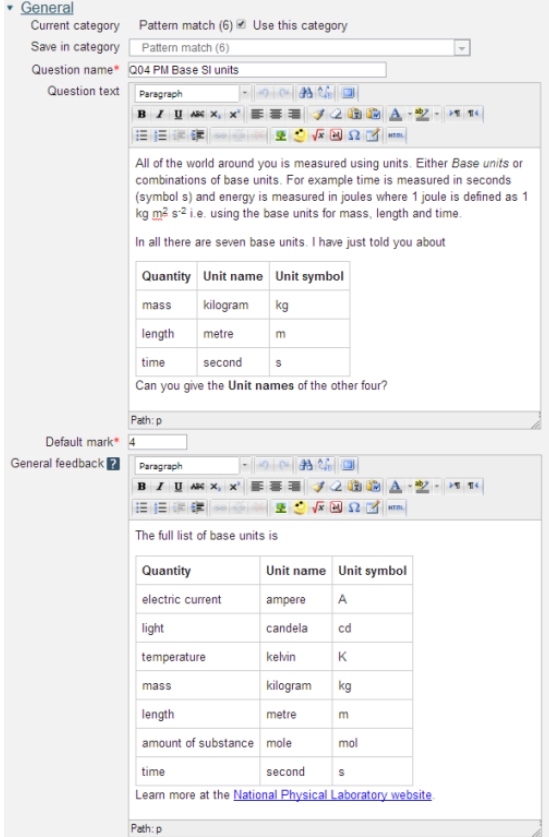The Question text, Grade and General feedback for a Pattern match question.png