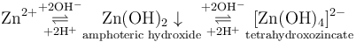 mathrm{Zn^{2+} underset{+2H^+}{overset{+2OH^-}{rightleftharpoons}} underset{text{amphoteric hydroxide}}{Zn(OH)_2 downarrow} underset{+2H^+}{overset{+2OH^-}{rightleftharpoons}}  underset{text{tetrahydroxozincate}}{[Zn(OH)_4]^{2-}}}